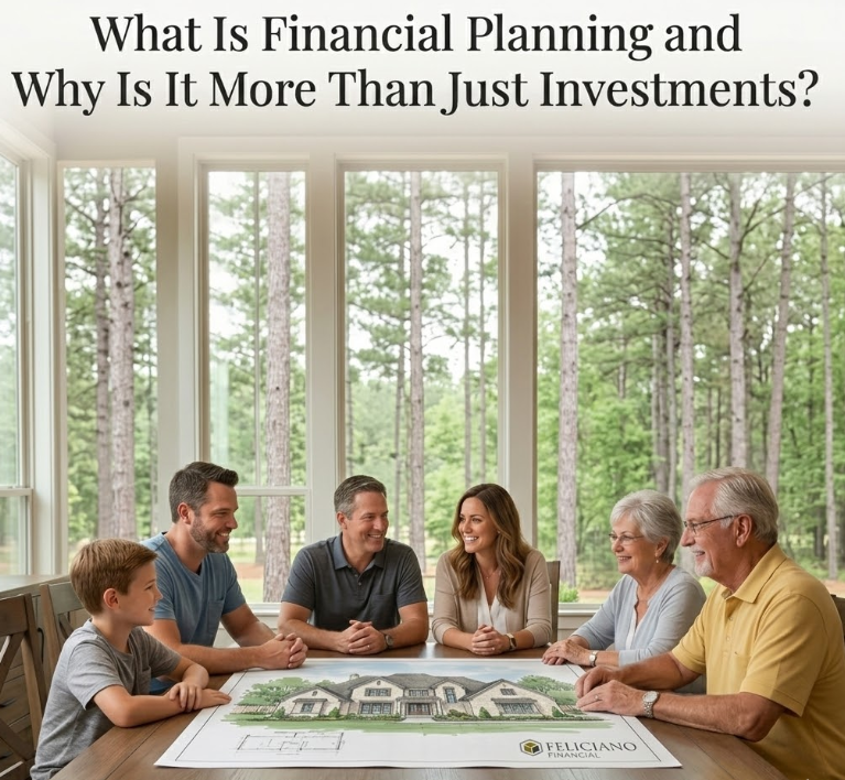 A multi-generational family and their financial planners review architectural house blueprints in a light-filled room, illustrating the collaborative process of East Texas financial planning beyond investments.