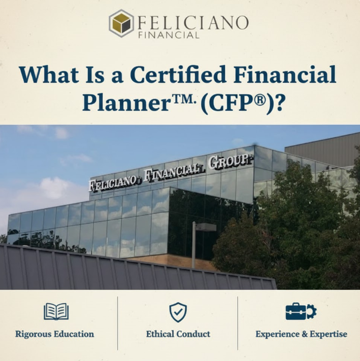 A Certified Financial Planner™ (CFP®) stands in front of the Feliciano Financial Group building, highlighting commitment to education, ethical conduct, and expertise in holistic planning.
