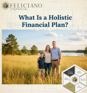 A family standing in a grassy field in East Texas with a Feliciano Financial Blueprint overlay, illustrating a holistic financial plan.