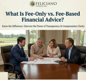 A professional financial planning session featuring two advisors in suits and an affluent couple reviewing a blueprint on a wooden desk.