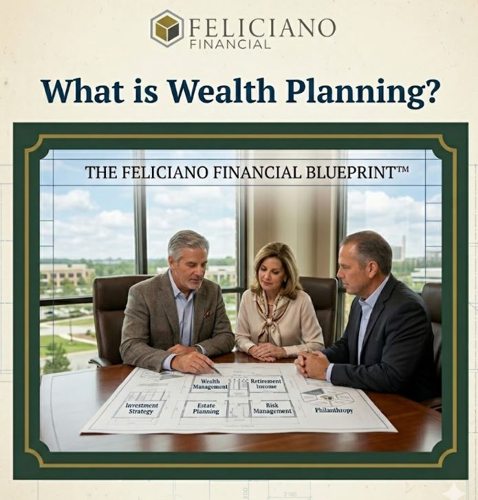 A financial advisor and a couple reviewing "The Feliciano Financial Blueprint," a detailed diagram showing wealth management, retirement income, and estate planning pillars.