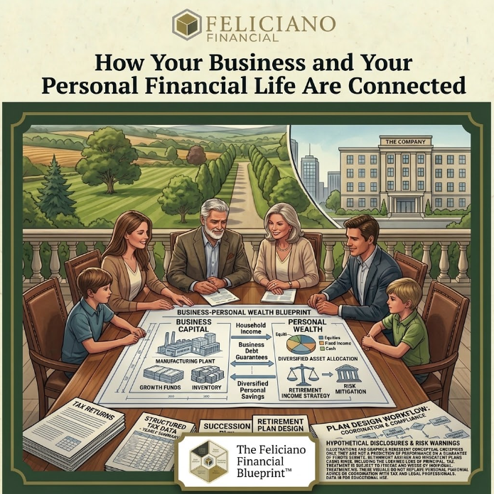 Business-Owners-Financial-Planners-in-Tyler Illustrative chart of a business owner and family creating a compliant business and personal financial blueprint for wealth coordination