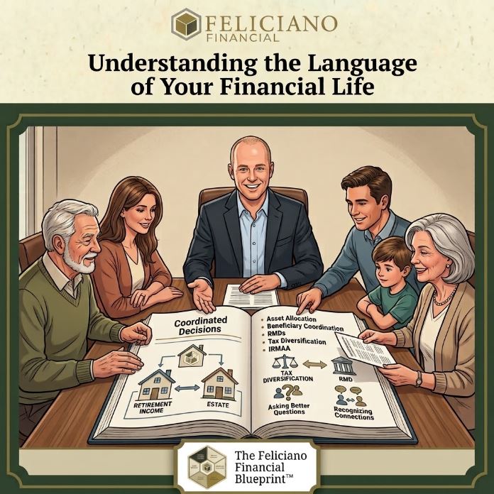 Financial-Planners-Financial-Advisors-Glossary An educational illustration of a multi-generational family (grandparents, parents, child) collaborating with a male financial advisor at a table. They are looking at a large open book displaying "Coordinated Decisions" diagrams for connecting retirement income, estate planning, and tax strategy. The top text reads "Understanding the Language of Your Financial Life" with the Feliciano Financial logo. The bottom features "The Feliciano Financial Blueprint™" icon and text, strictly in illustrated form without any bar charts or growth graphs.