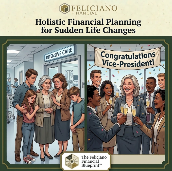 Graphic titled Holistic Financial Planning for Sudden Life Changes showing a side-by-side comparison of a concerned family outside an Intensive Care room and a group celebrating a job promotion to Vice President with champagne.