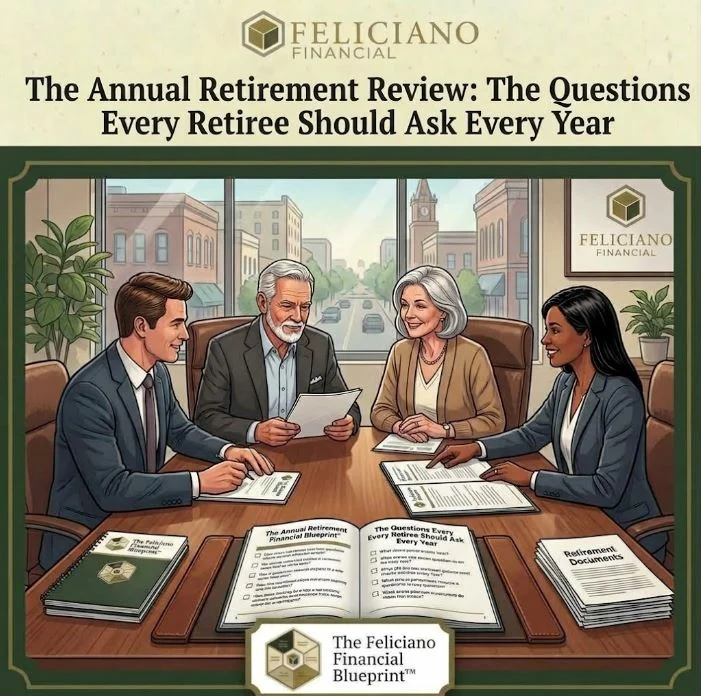 Annual Retirement Review meeting at Feliciano Financial in Tyler, Texas with financial planners and a retired couple.