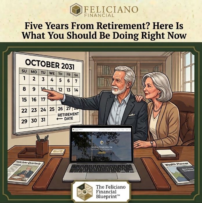 Five Years From Retirement – What You Should Be Doing Right Now An older couple sitting at a desk reviewing a calendar and laptop for retirement planning, with text reading "Five Years From Retirement? Here Is What You Should Be Doing Right Now."
