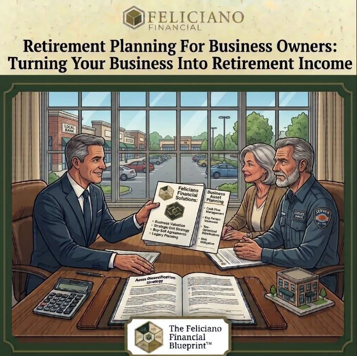 An illustration shows a financial advisor in a suit presenting planning documents to a small-business owner and his wife in an office. A large window overlooks a strip mall and parking lot, with text at the top and bottom.
