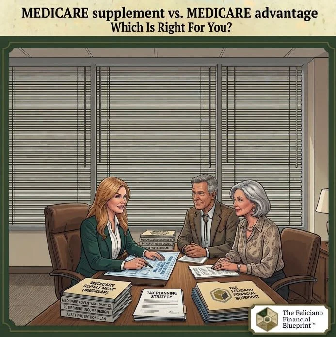Medicare Insurance Planning Tyler Texas A illustration of a female financial advisor with red hair meeting in an office with an older couple to review Medicare supplement options, featuring documents labeled "The Feliciano Financial Blueprint" and "Medicare Insurance Planning Tyler Texas."
